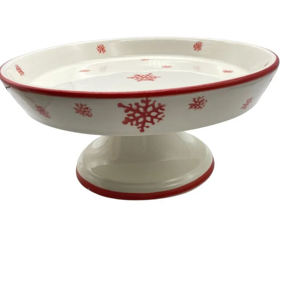 Farval Red white snowflake print covered pie cake dessert stand plate cookies Po